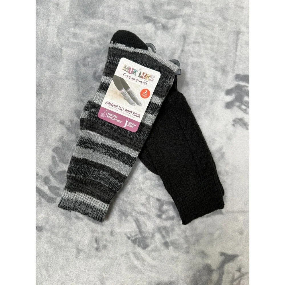 Muk Luks Women’s 2 Pair Pack Tall Boot Socks Mid-Calf Height size 6-11 Black